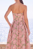 Vestido Midi Jacquard A-Line Sem Alças de Flor Cor-de-Rosa