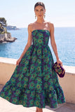 Vestido Floral Midi Jacquard A-Line Verde Escuro Verde Escuro com Folhos