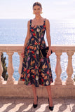 Vestido Midi Jacquard Floral Jacquard com decote quadrado e decote quadrado