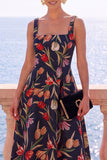Vestido Midi Jacquard Floral Jacquard com decote quadrado e decote quadrado