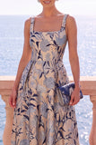 Vestido Midi Jacquard Floral Jacquard com decote quadrado e decote quadrado