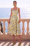 Vestido Midi Jacquard Floral Jacquard com decote quadrado e decote quadrado