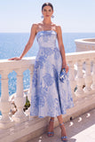 Vestido Midi Floral Sem Alças Azul Jacquard A-Line
