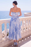 Vestido Midi Floral Sem Alças Azul Jacquard A-Line