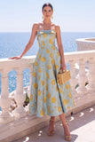 Vestido Midi Floral Sem Alças Azul Jacquard A-Line