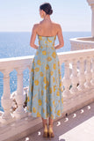 Vestido Midi Floral Sem Alças Azul Jacquard A-Line
