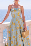 Vestido Midi Floral Sem Alças Azul Jacquard A-Line