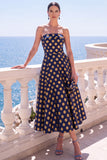 Vestido Midi Floral Sem Alças Azul Jacquard A-Line