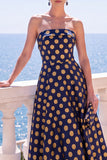 Vestido Midi Floral Sem Alças Azul Jacquard A-Line