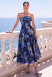 Vestido Midi Floral Sem Alças Azul Jacquard A-Line