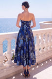 Vestido Midi Floral Sem Alças Azul Jacquard A-Line