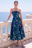 Vestido Midi Floral Sem Alças Azul Jacquard A-Line