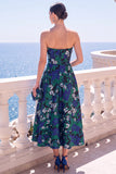 Vestido Midi Floral Sem Alças Azul Jacquard A-Line