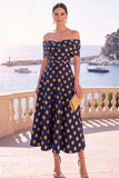 Vestido Midi A-Line com flor verde azul-marinho e renda nas costas