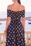 Vestido Midi A-Line com flor verde azul-marinho e renda nas costas