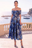 Vestido Midi A-Line com flor verde azul-marinho e renda nas costas
