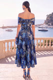 Vestido Midi A-Line com flor verde azul-marinho e renda nas costas