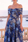 Vestido Midi A-Line com flor verde azul-marinho e renda nas costas