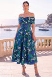 Vestido Midi A-Line com flor verde azul-marinho e renda nas costas
