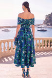 Vestido Midi A-Line com flor verde azul-marinho e renda nas costas