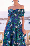 Vestido Midi A-Line com flor verde azul-marinho e renda nas costas