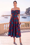 Vestido Midi A-Line com flor verde azul-marinho e renda nas costas