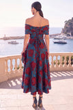 Vestido Midi A-Line com flor verde azul-marinho e renda nas costas