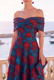 Vestido Midi A-Line com flor verde azul-marinho e renda nas costas