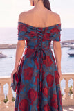 Vestido Midi A-Line com flor verde azul-marinho e renda nas costas