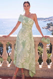 Vestido Verde A-Line Jacquard Assimétrico Midi Floral
