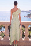 Vestido Verde A-Line Jacquard Assimétrico Midi Floral