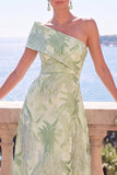 Vestido Verde A-Line Jacquard Assimétrico Midi Floral