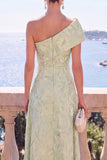Vestido Verde A-Line Jacquard Assimétrico Midi Floral