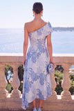 Vestido Verde A-Line Jacquard Assimétrico Midi Floral