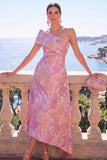 Vestido Verde A-Line Jacquard Assimétrico Midi Floral