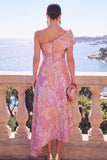 Vestido Verde A-Line Jacquard Assimétrico Midi Floral