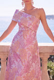 Vestido Verde A-Line Jacquard Assimétrico Midi Floral