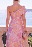 Vestido Verde A-Line Jacquard Assimétrico Midi Floral