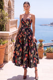 Vestido Midi Floral Franzido A-Line Olive Sweetheart Jacquard