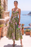 Vestido Midi Floral Franzido A-Line Olive Sweetheart Jacquard