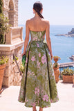 Vestido Midi Floral Franzido A-Line Olive Sweetheart Jacquard