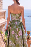 Vestido Midi Floral Franzido A-Line Olive Sweetheart Jacquard