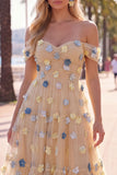 Vestido Midi de Tule A-Line com flores vermelhas e ombros descobertos com apliques