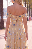 Vestido Midi de Tule A-Line com flores vermelhas e ombros descobertos com apliques