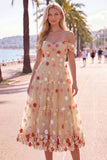 Vestido Midi de Tule A-Line com flores vermelhas e ombros descobertos com apliques