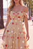 Vestido Midi de Tule A-Line com flores vermelhas e ombros descobertos com apliques