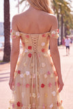Vestido Midi de Tule A-Line com flores vermelhas e ombros descobertos com apliques