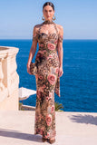 Vestido Maxi Floral Maxi Floral de Veludo Verde Sereia com Gola Alta e Franzida