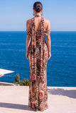 Vestido Maxi Floral Maxi Floral de Veludo Verde Sereia com Gola Alta e Franzida