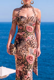 Vestido Maxi Floral Maxi Floral de Veludo Verde Sereia com Gola Alta e Franzida